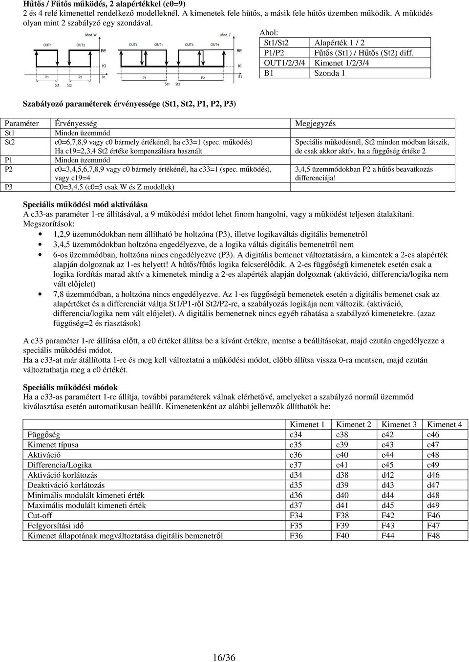 OUT1/2/3/4 Kimenet 1/2/3/4 B1 Szonda 1 Szabályozó paraméterek érvényessége (St1, St2, P1, P2, P3) Paraméter Érvényesség Megjegyzés St1 Minden üzemmód St2 c0=6,7,8,9 vagy c0 bármely értékénél, ha