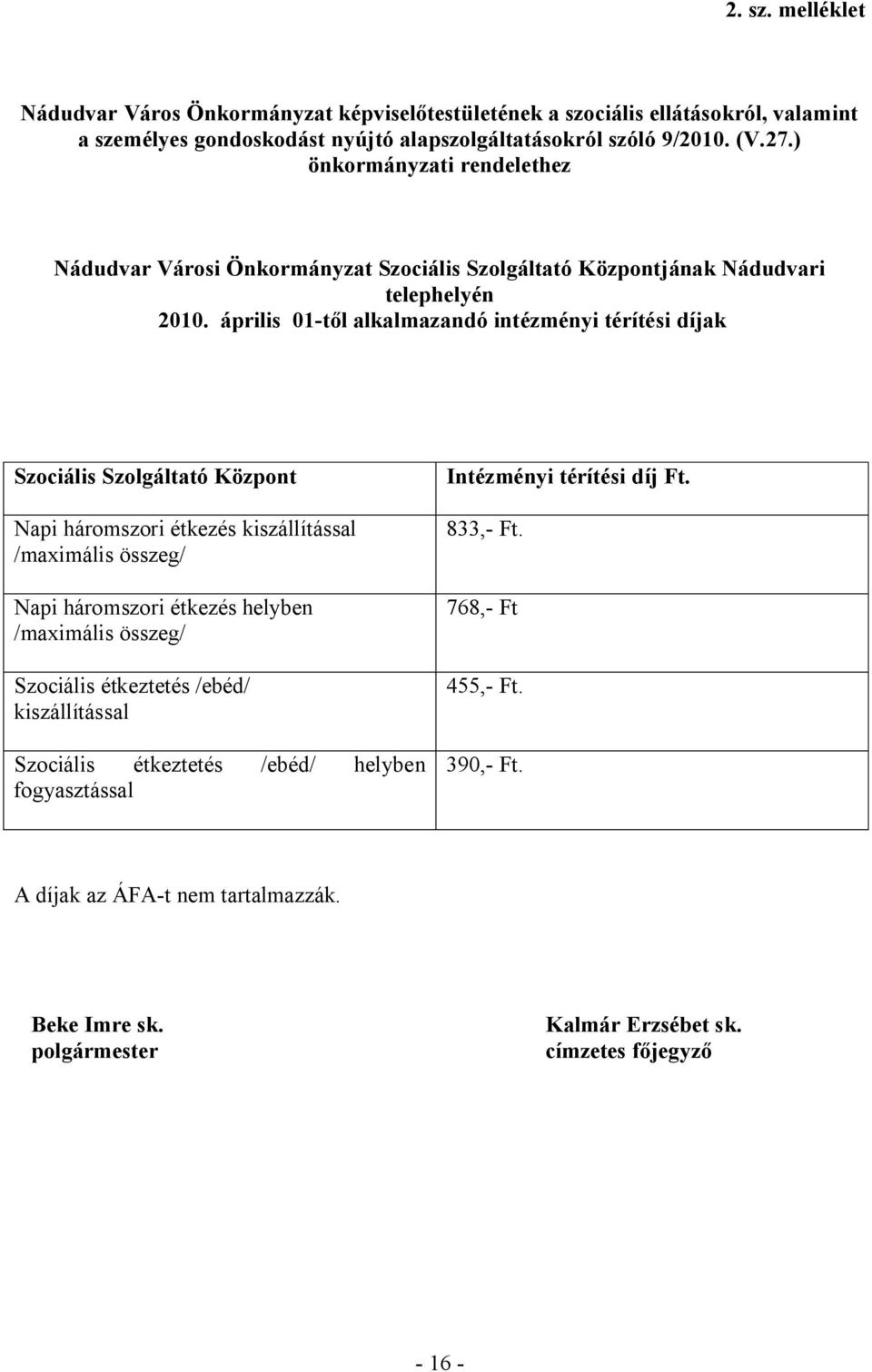 április 01-től alkalmazandó intézményi térítési díjak Szociális Szolgáltató Központ Napi háromszori étkezés kiszállítással /maximális összeg/ Napi háromszori étkezés helyben /maximális