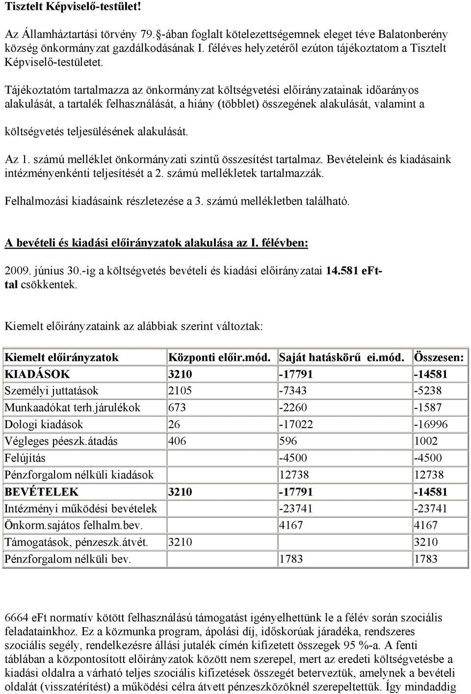 Tájékoztatóm tartalmazza az önkormányzat költségvetési előirányzatainak időarányos alakulását, a tartalék felhasználását, a hiány (többlet) összegének alakulását, valamint a költségvetés