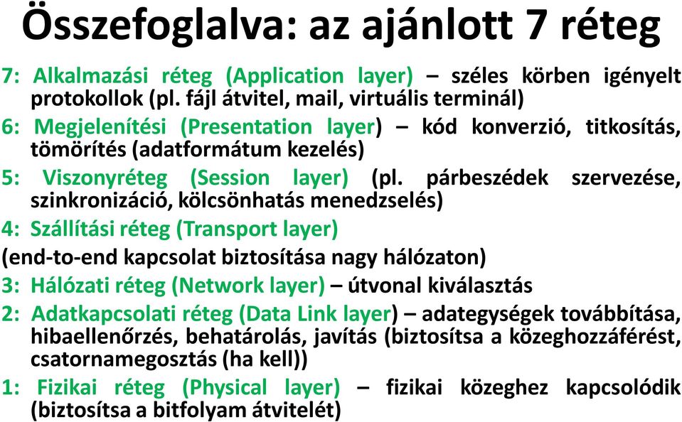 párbeszédek szervezése, szinkronizáció, kölcsönhatás menedzselés) 4: Szállítási réteg (Transport layer) (end-to-end kapcsolat biztosítása nagy hálózaton) 3: Hálózati réteg (Network layer)