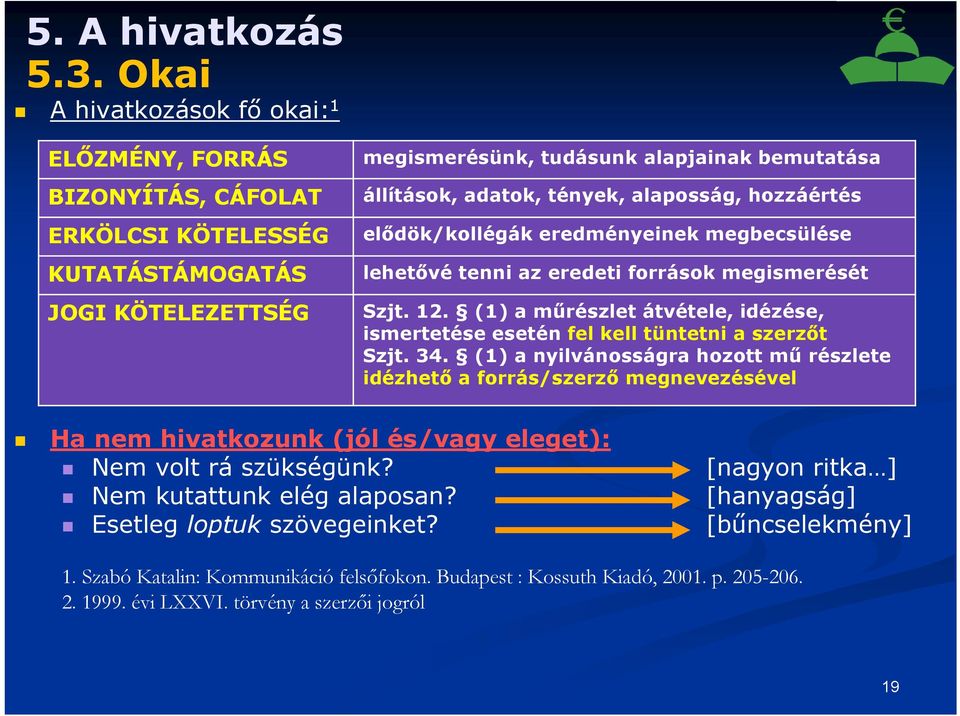 alaposság, hozzáértés elődök/kollégák eredményeinek megbecsülése lehetővé tenni az eredeti források megismerését Szjt. 12.