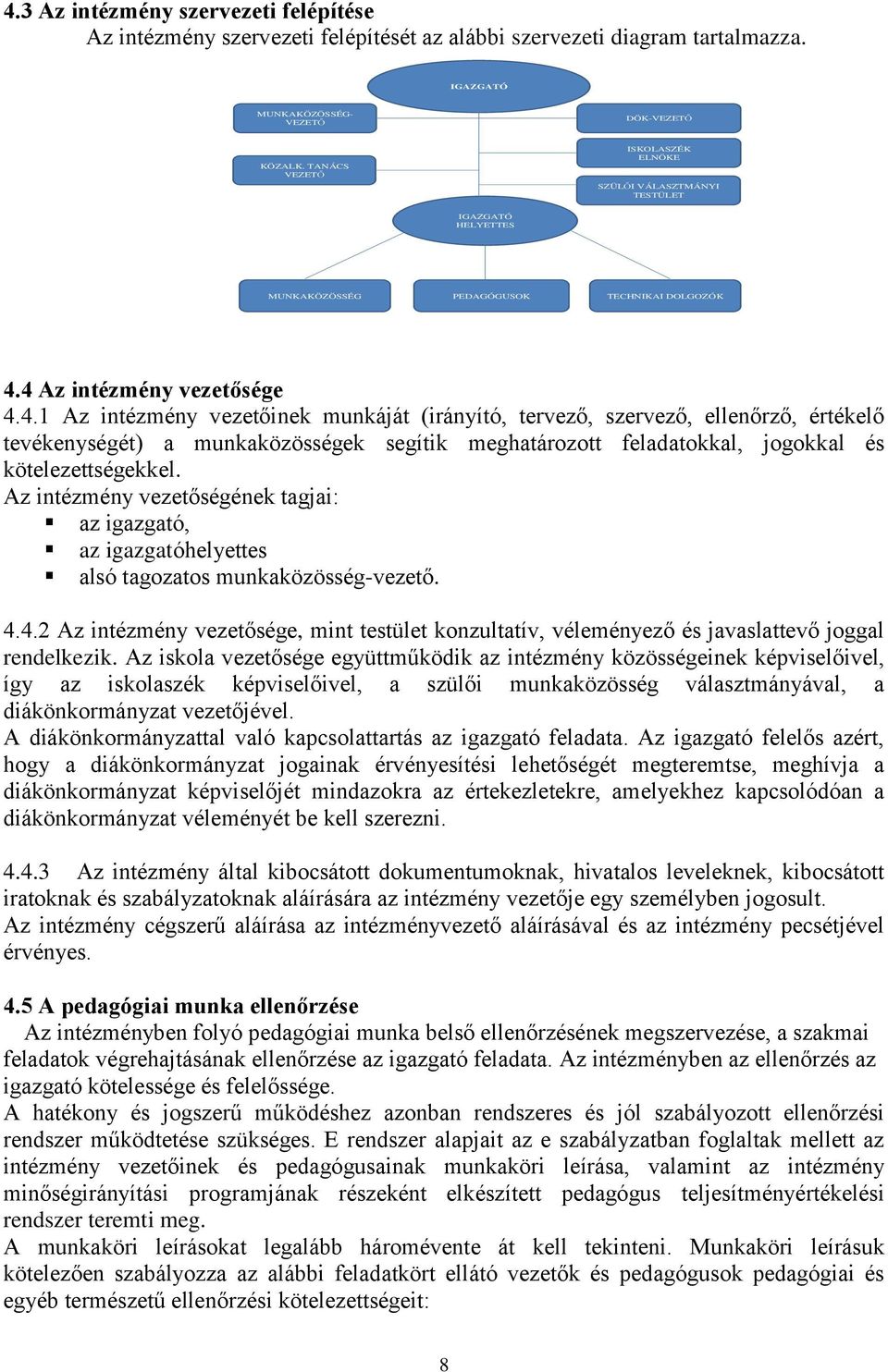 4 Az intézmény vezetősége 4.4.1 Az intézmény vezetőinek munkáját (irányító, tervező, szervező, ellenőrző, értékelő tevékenységét) a munkaközösségek segítik meghatározott feladatokkal, jogokkal és kötelezettségekkel.