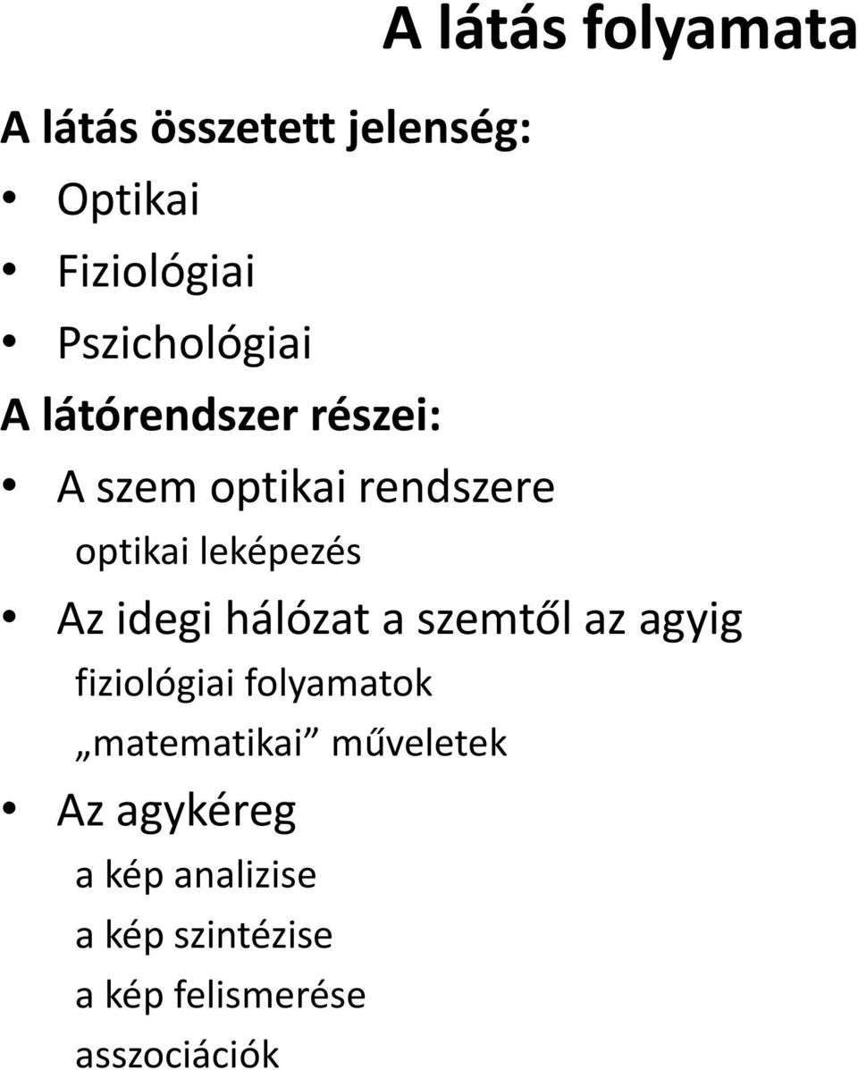 leképezés Az idegi hálózat a szemtől az agyig fiziológiai folyamatok