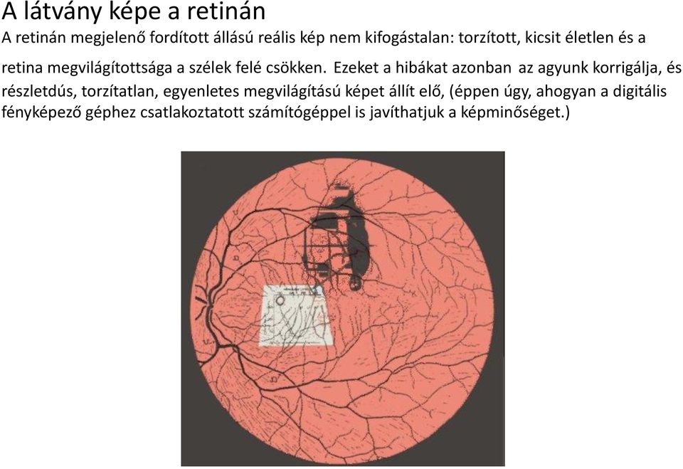 Ezeket a hibákat azonban az agyunk korrigálja, és részletdús, torzítatlan, egyenletes megvilágítású