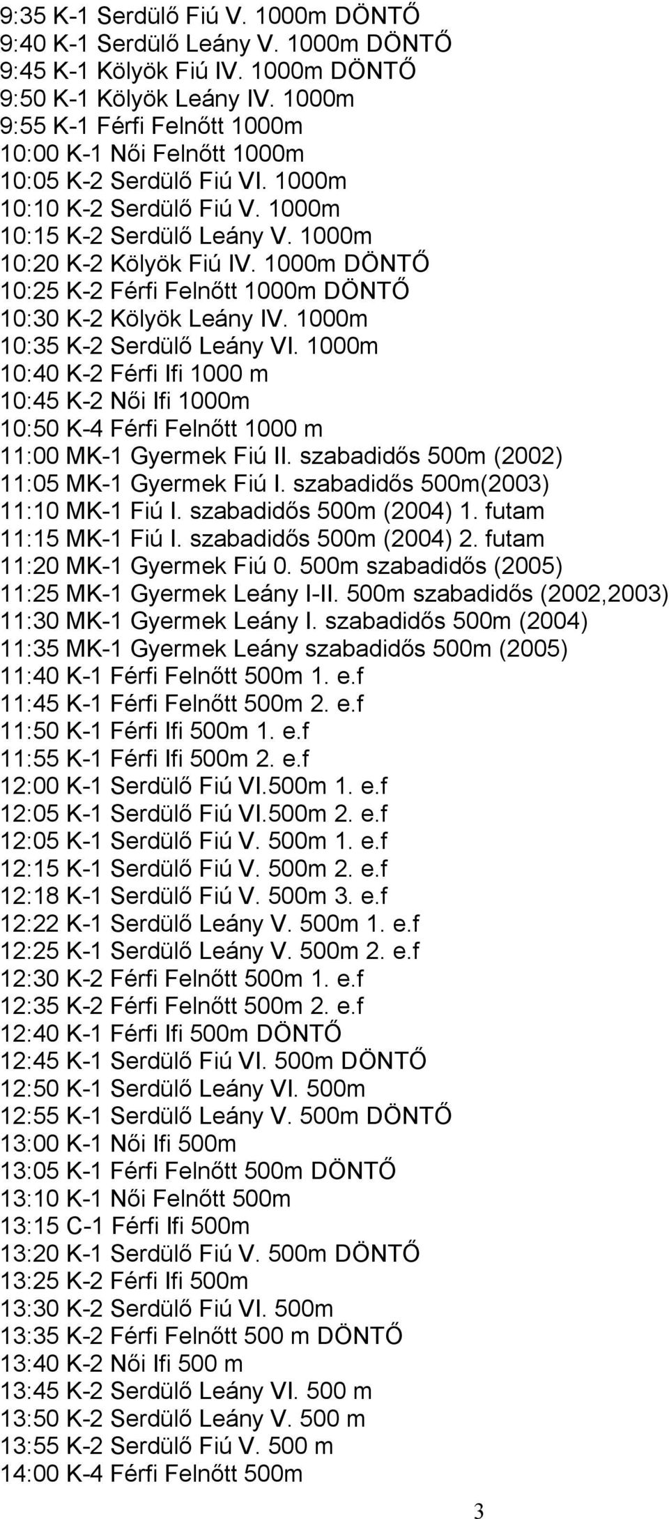 1000m DÖNTŐ 10:25 K-2 Férfi Felnőtt 1000m DÖNTŐ 10:30 K-2 Kölyök Leány IV. 1000m 10:35 K-2 Serdülő Leány VI.