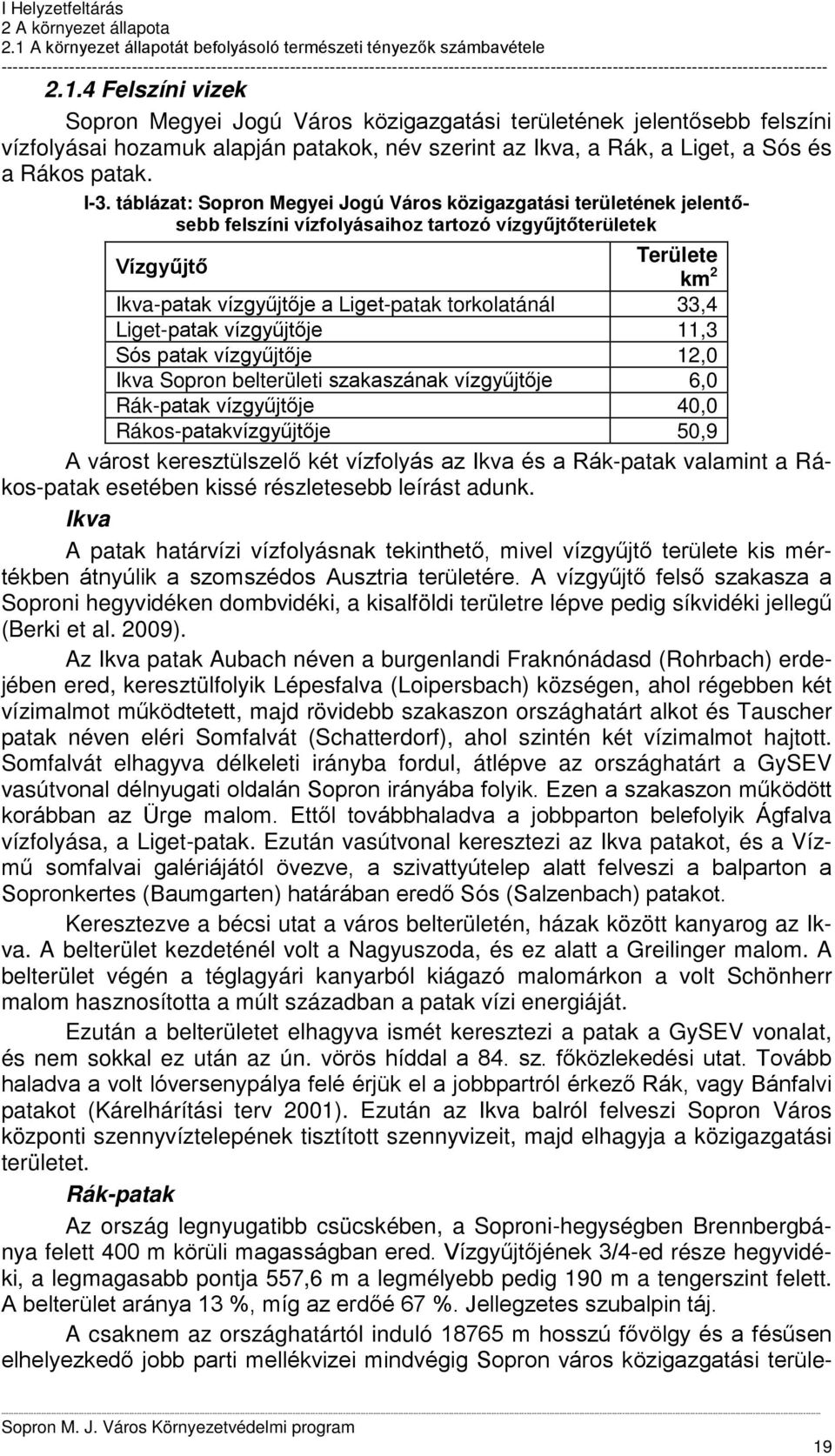 torkolatánál 33,4 Liget-patak vízgyűjtője 11,3 Sós patak vízgyűjtője 12,0 Ikva Sopron belterületi szakaszának vízgyűjtője 6,0 Rák-patak vízgyűjtője 40,0 Rákos-patakvízgyűjtője 50,9 A várost