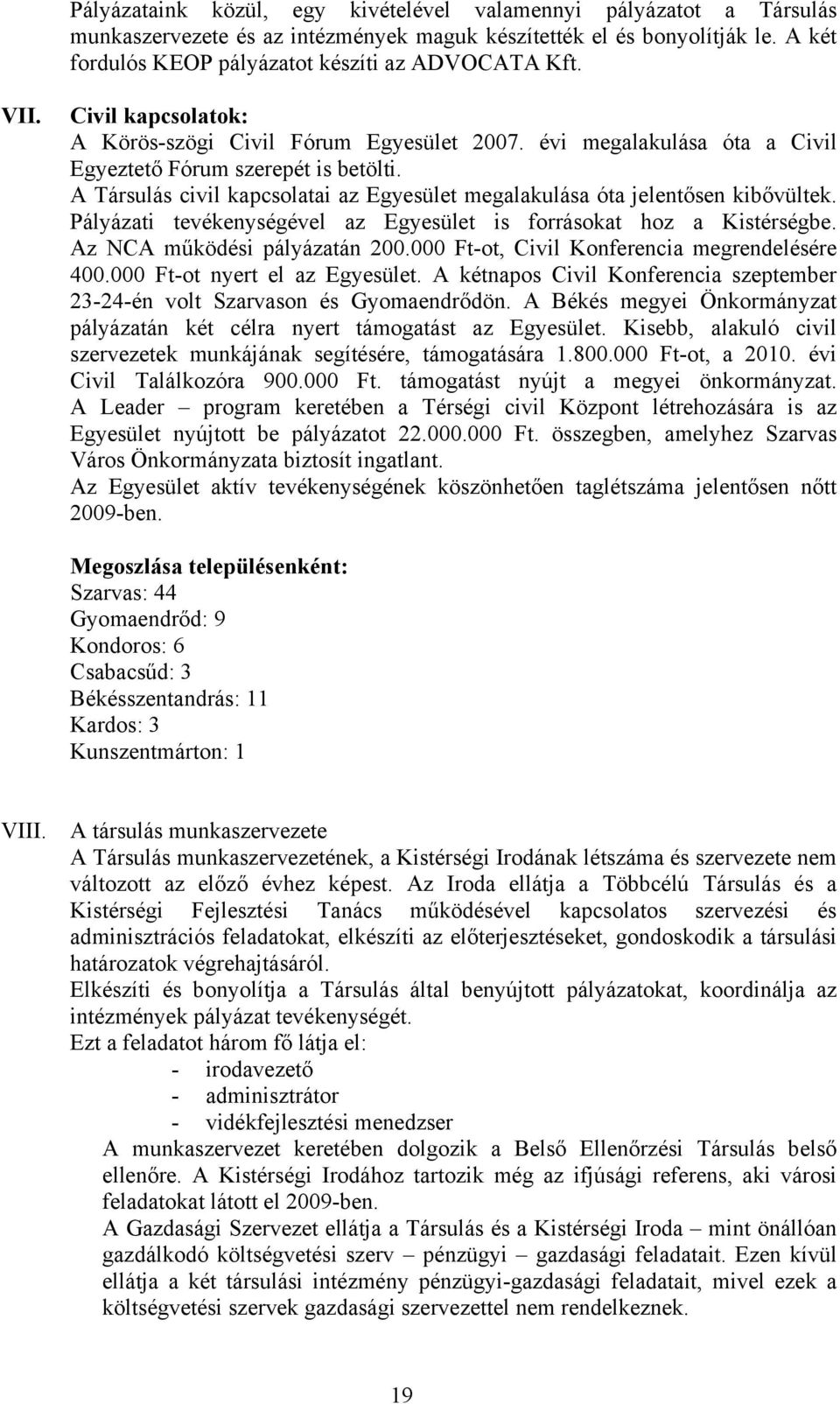 A Társulás civil kapcsolatai az Egyesület megalakulása óta jelentősen kibővültek. Pályázati tevékenységével az Egyesület is forrásokat hoz a Kistérségbe. Az NCA működési pályázatán 200.