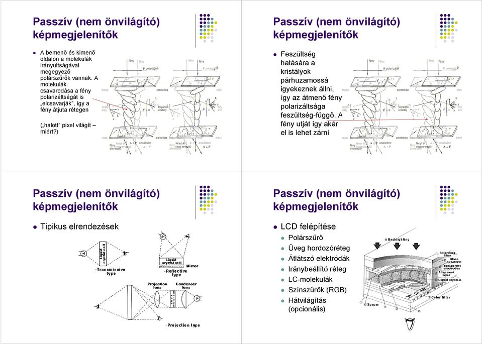 ) Feszültség hatására a kristályok párhuzamossá igyekeznek állni, így az átmenı fény polarizáltsága feszültség-függı.