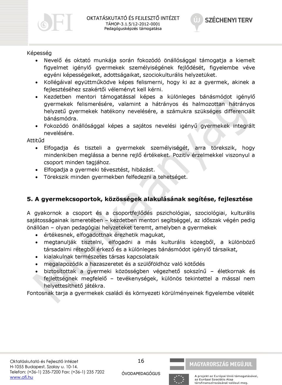 Kezdetben mentori támogatással képes a különleges bánásmódot igénylő gyermekek felismerésére, valamint a hátrányos és halmozottan hátrányos helyzetű gyermekek hatékony nevelésére, a számukra