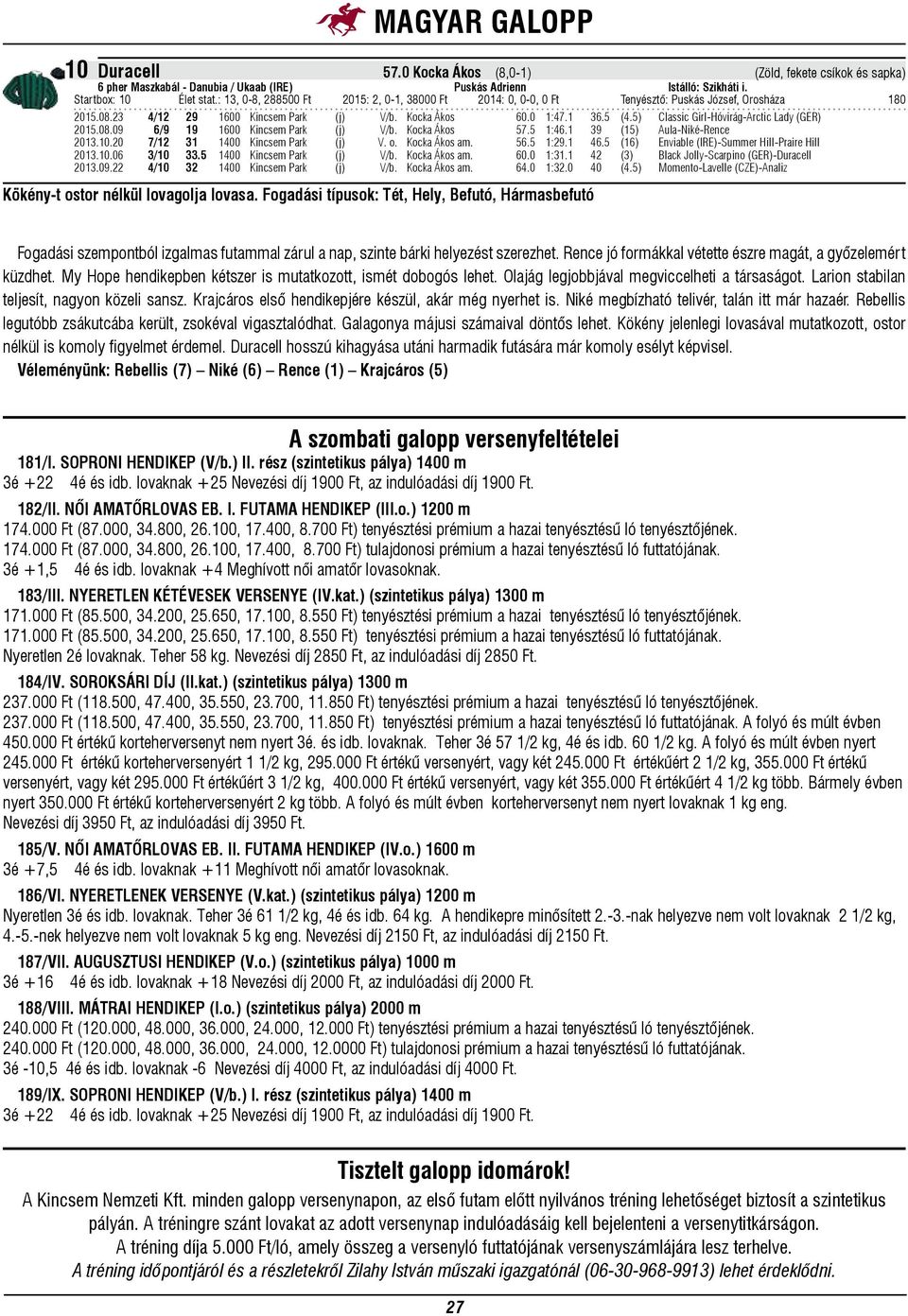 5) Classic Girl-Hóvirág-Arctic Lady (GER) 2015.08.09 6/9 19 1600 Kincsem Park (j) V/b. Kocka Ákos 57.5 1:46.1 39 (15) Aula-Niké-Rence 2013.10.20 7/12 31 1400 Kincsem Park (j) V. o. Kocka Ákos am. 56.