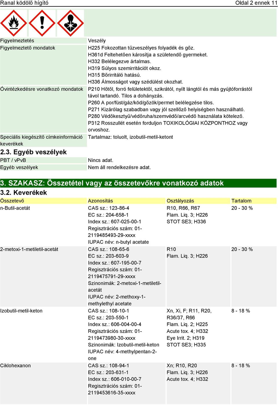 H319 Súlyos szemirritációt okoz. H315 Bőrirritáló hatású. H336 Álmosságot vagy szédülést okozhat. P210 Hőtől, forró felületektől, szikrától, nyílt lángtól és más gyújtóforrástól távol tartandó.