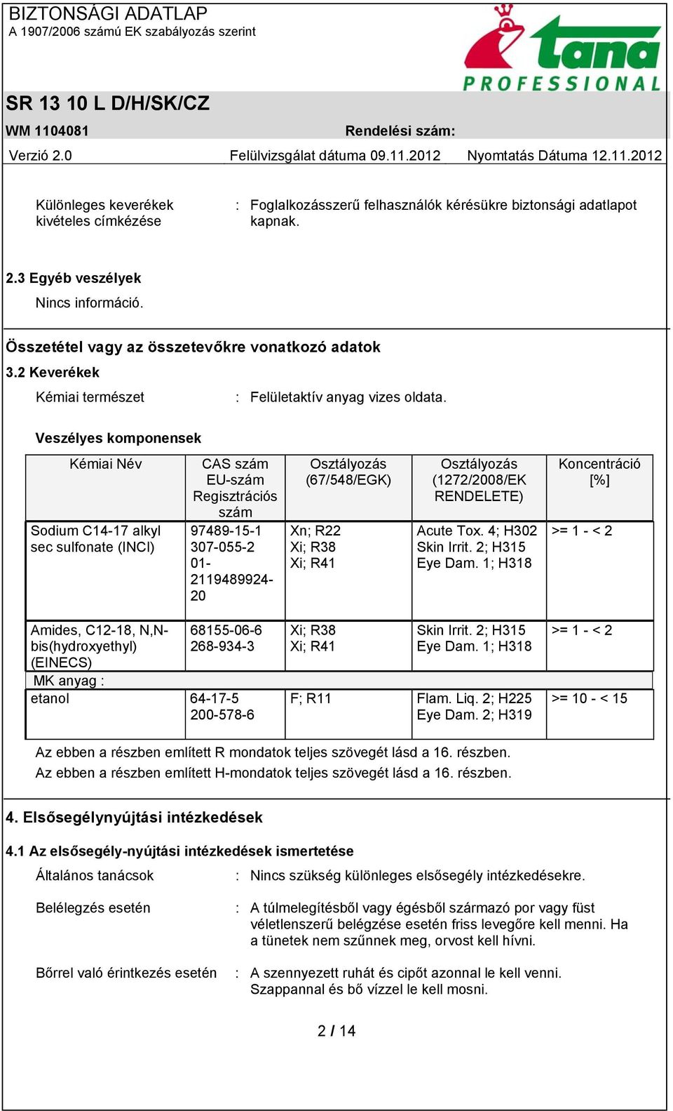 Veszélyes komponensek Kémiai Név Sodium C14-17 alkyl sec sulfonate (INCI) CAS szám EU-szám Regisztrációs szám 97489-15-1 307-055-2 01-2119489924- 20 Osztályozás (67/548/EGK) Xn; R22 Xi; R38 Xi; R41