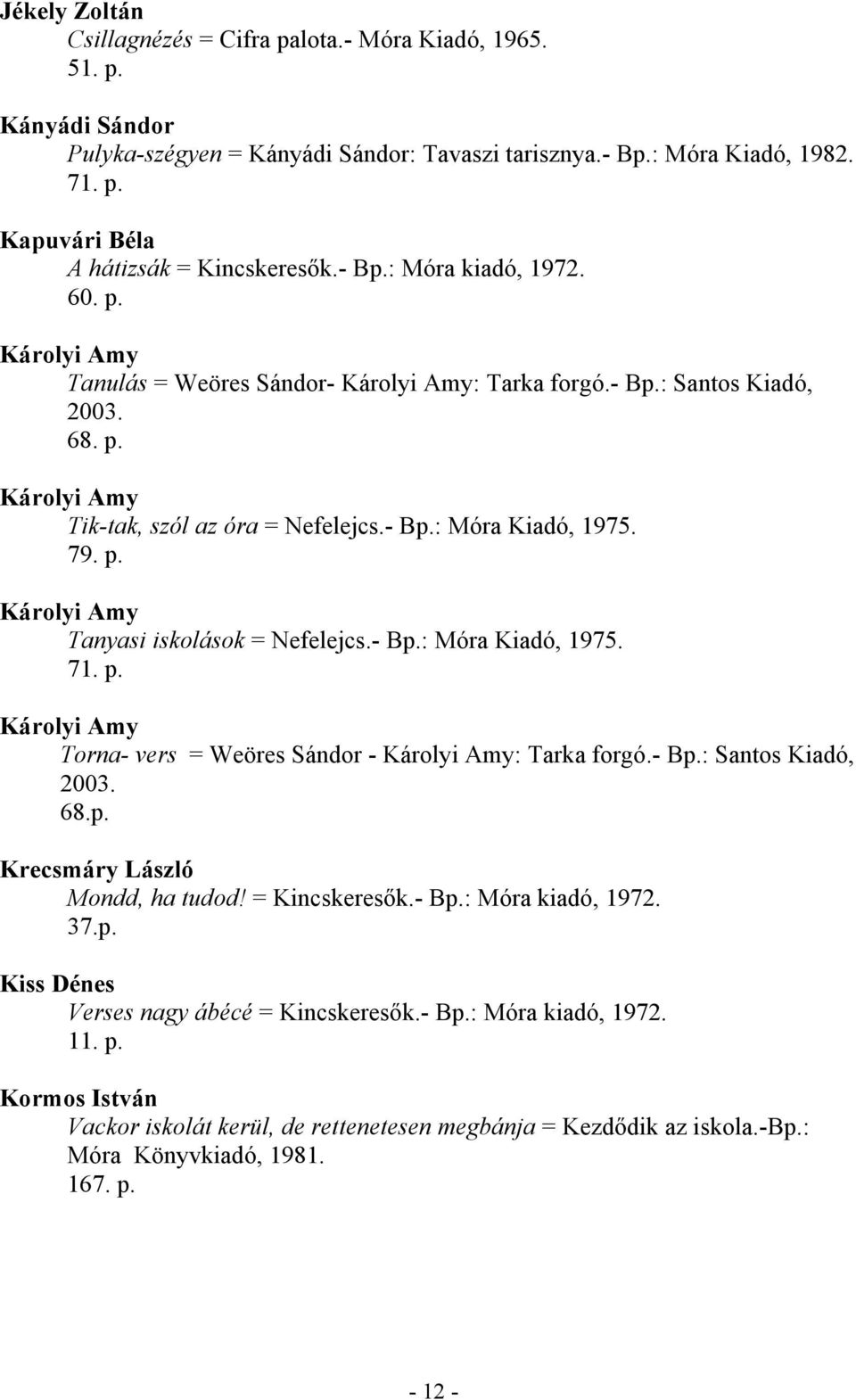 79. p. Károlyi Amy Tanyasi iskolások = Nefelejcs.- Bp.: Móra Kiadó, 1975. 71. p. Károlyi Amy Torna- vers = Weöres Sándor - Károlyi Amy: Tarka forgó.- Bp.: Santos Kiadó, 2003. 68.p. Krecsmáry László Mondd, ha tudod!