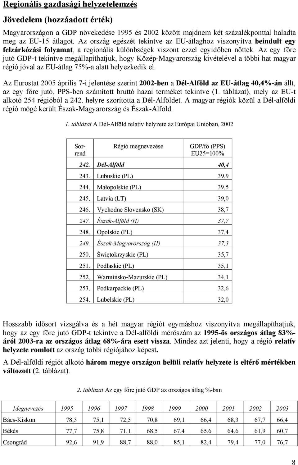 Az egy főre jutó GDP-t tekintve megállapíthatjuk, hogy Közép-Magyarország kivételével a többi hat magyar régió jóval az EU-átlag 75%-a alatt helyezkedik el.