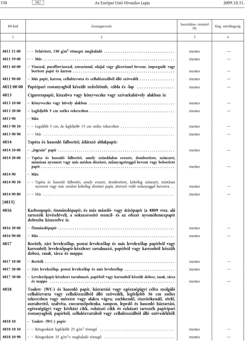 ................................................ mentes 4811 90 00 Más papír, karton, cellulózvatta és cellulózszálból álló szövedék.