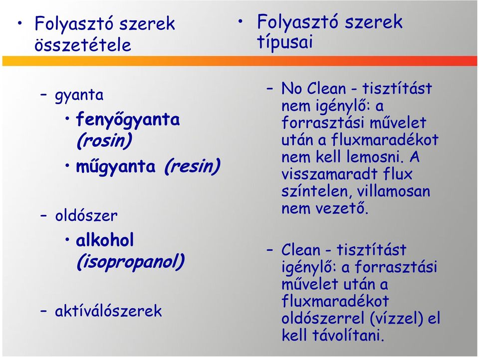 művelet után a fluxmaradékot nem kell lemosni. A visszamaradt flux színtelen, villamosan nem vezető.