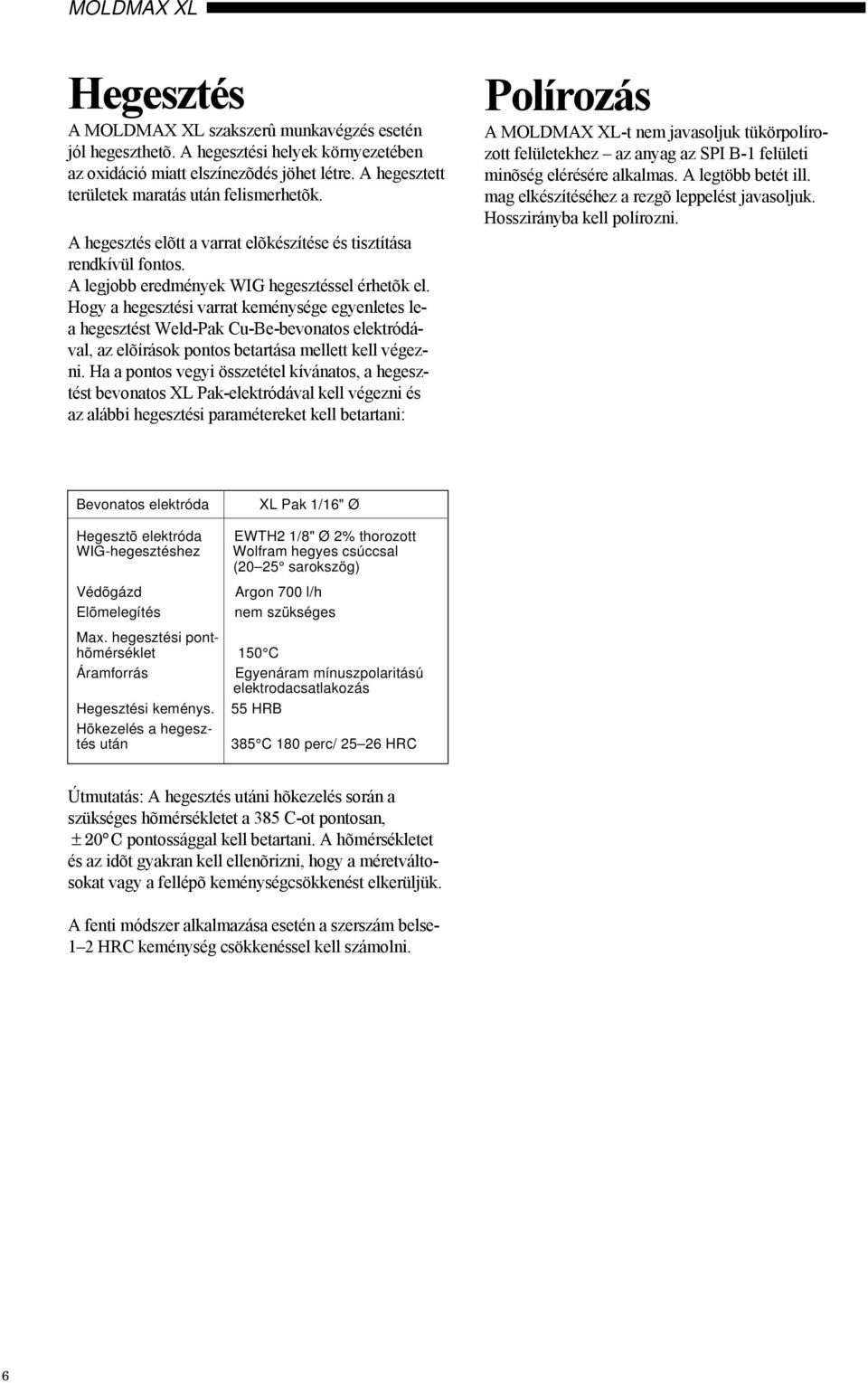 Hogy a hegesztési varrat keménysége egyenletes lea hegesztést Weld-Pak Cu-Be-bevonatos elektródával, az elõírások pontos betartása mellett kell végezni.