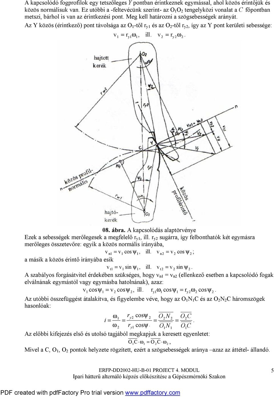 kapcsolóás alaptörvéye Ezek a sebességek merőlegesek a megfelelő r y, ill r y sugárra, így felbothatók két egymásra merőleges összetevőre: egyik a közös ormális iráyába, v = v cos ψ, ill v = v cos ψ