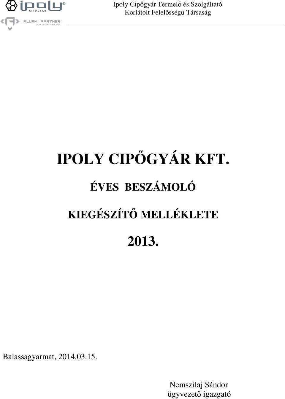 ÉVES BESZÁMOLÓ KIEGÉSZÍTŐ MELLÉKLETE 2013.