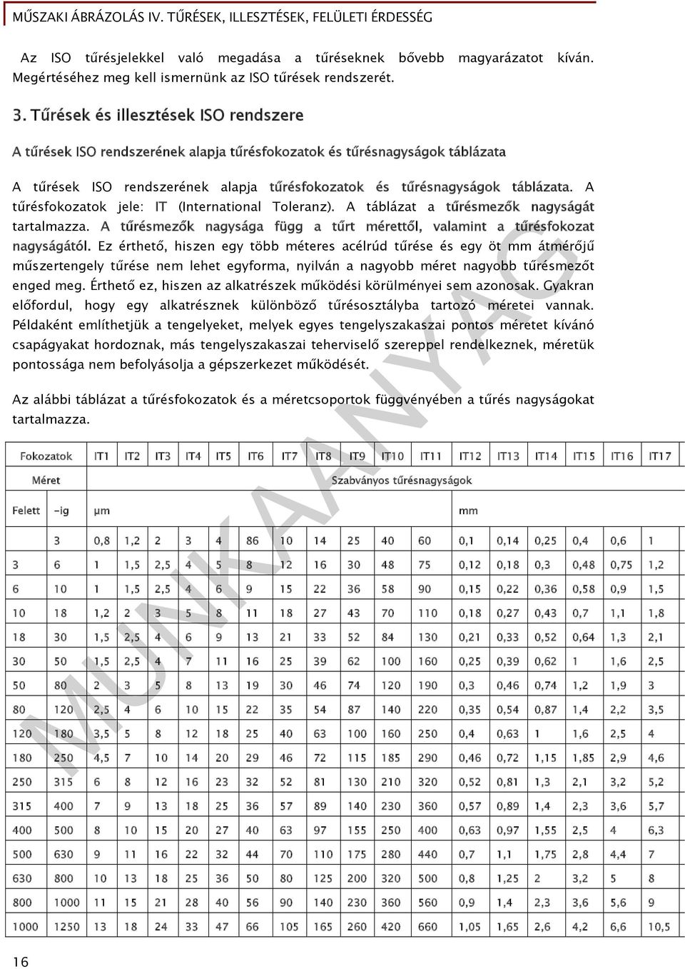 A tűrésfokozatok jele: IT (International Toleranz). A táblázat a tűrésmezők nagyságát tartalmazza. A tűrésmezők nagysága függ a tűrt mérettől, valamint a tűrésfokozat nagyságától.