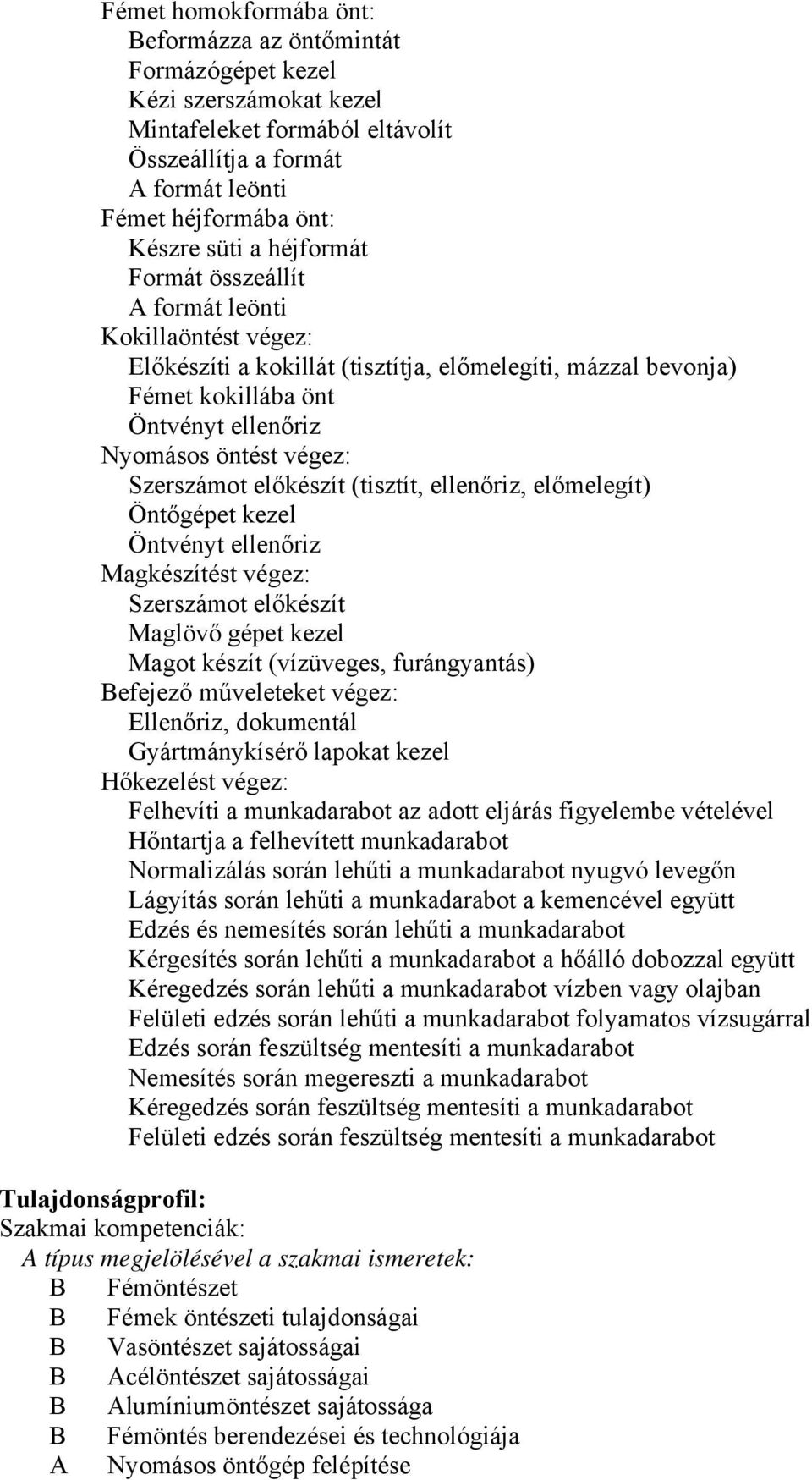 előkészít (tisztít, ellenőriz, előmelegít) Öntőgépet kezel Öntvényt ellenőriz Magkészítést végez: Szerszámot előkészít Maglövő gépet kezel Magot készít (vízüveges, furángyantás) Befejező műveleteket