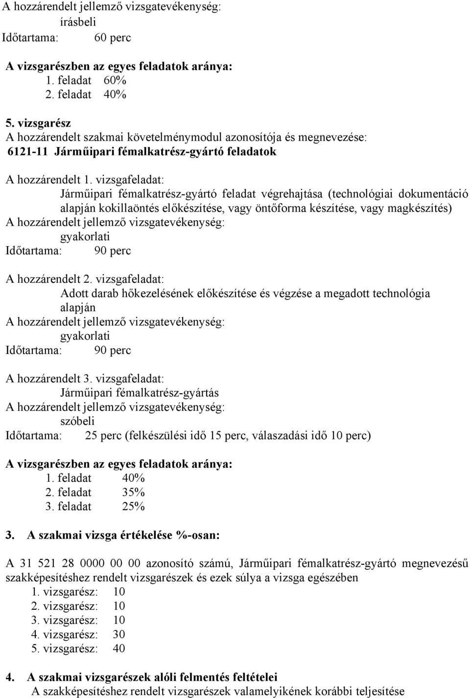 vizsgafeladat: Járműipari fémalkatrész-gyártó feladat végrehajtása (technológiai dokumentáció alapján kokillaöntés előkészítése, vagy öntőforma készítése, vagy magkészítés) hozzárendelt jellemző