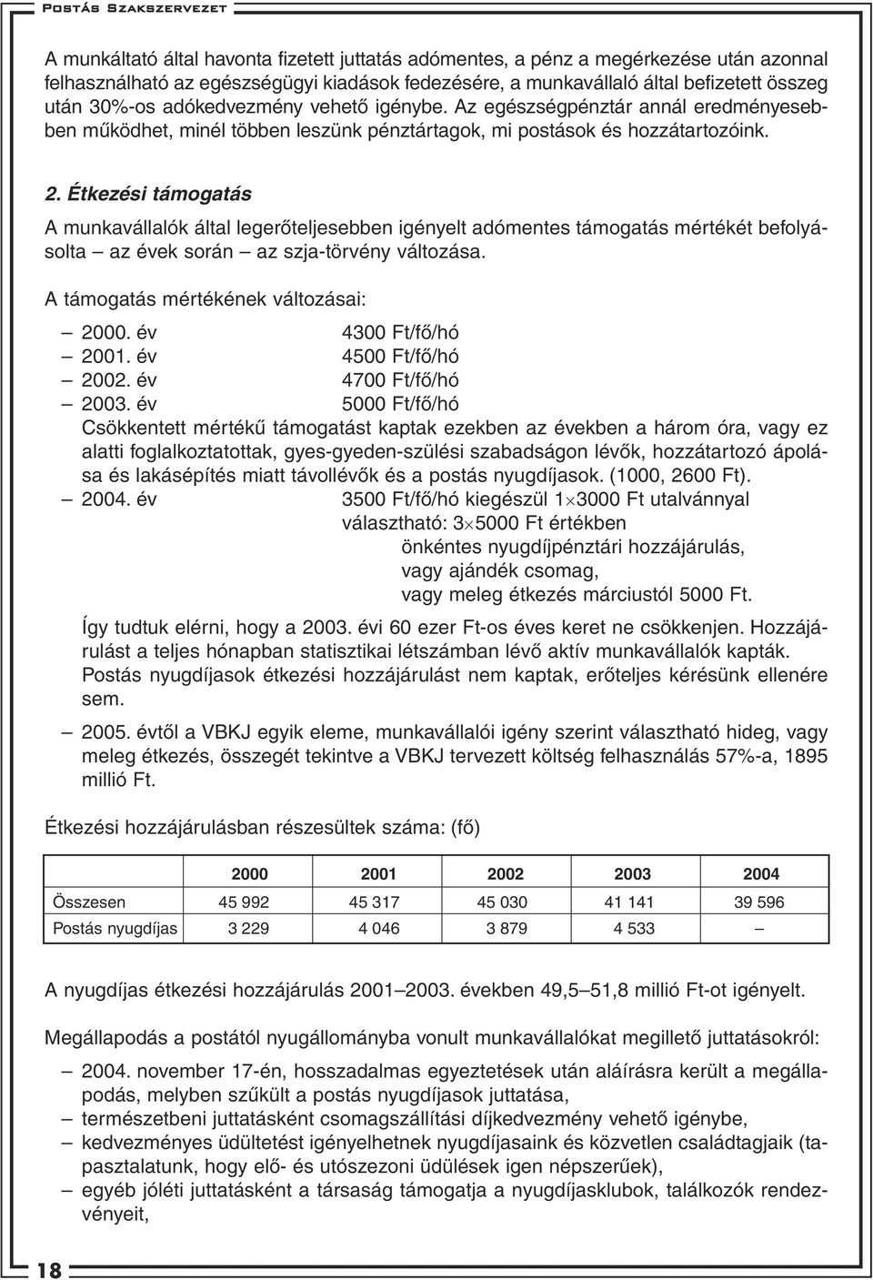 Étkezési támogatás A munkavállalók által legerôteljesebben igényelt adómentes támogatás mértékét befolyásolta az évek során az szja-törvény változása. A támogatás mértékének változásai: 2000.