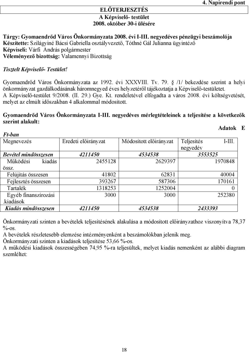 Tisztelt Képviselő- Testület! Gyomaendrőd Város Önkormányzata az 1992. évi XXXVIII. Tv. 79.