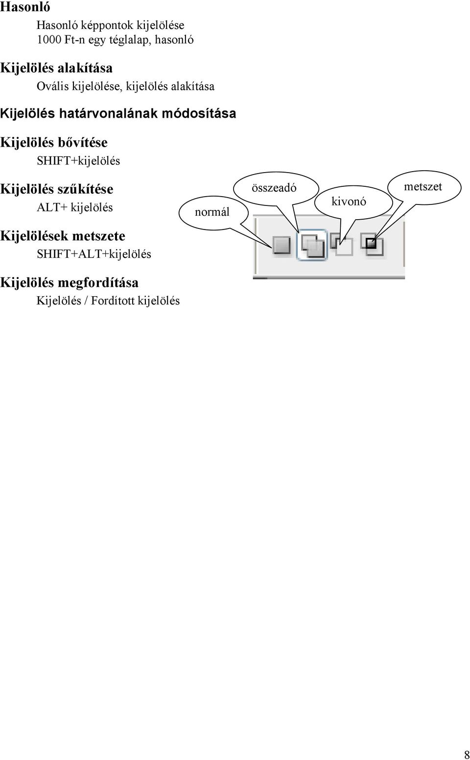 bővítése SHIFT+kijelölés Kijelölés szűkítése ALT+ kijelölés normál összeadó kivonó metszet