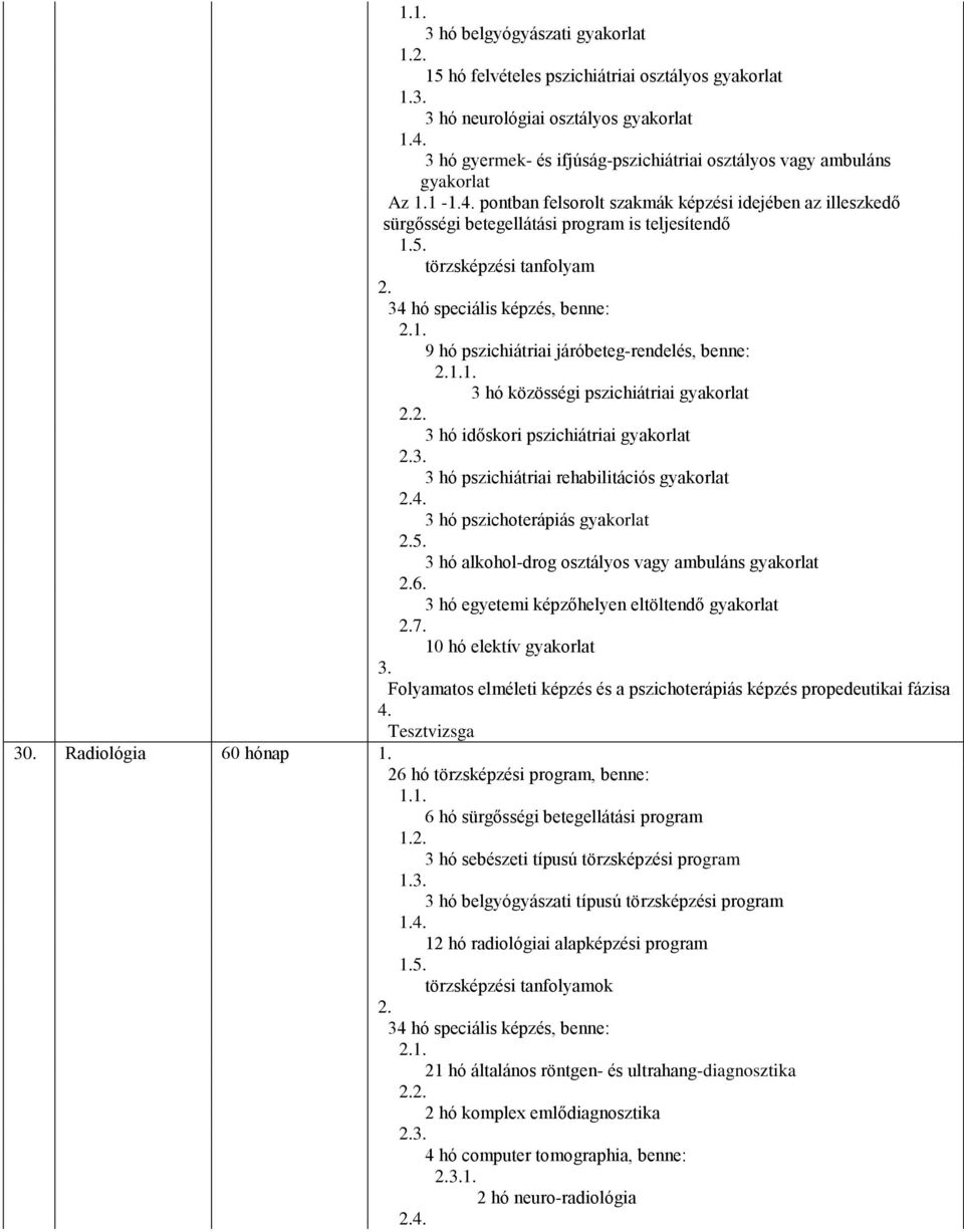 9 hó pszichiátriai járóbeteg-rendelés, benne: 3 hó közösségi pszichiátriai gyakorlat 3 hó időskori pszichiátriai gyakorlat 3 hó pszichiátriai rehabilitációs gyakorlat 3 hó pszichoterápiás gyakorlat 3