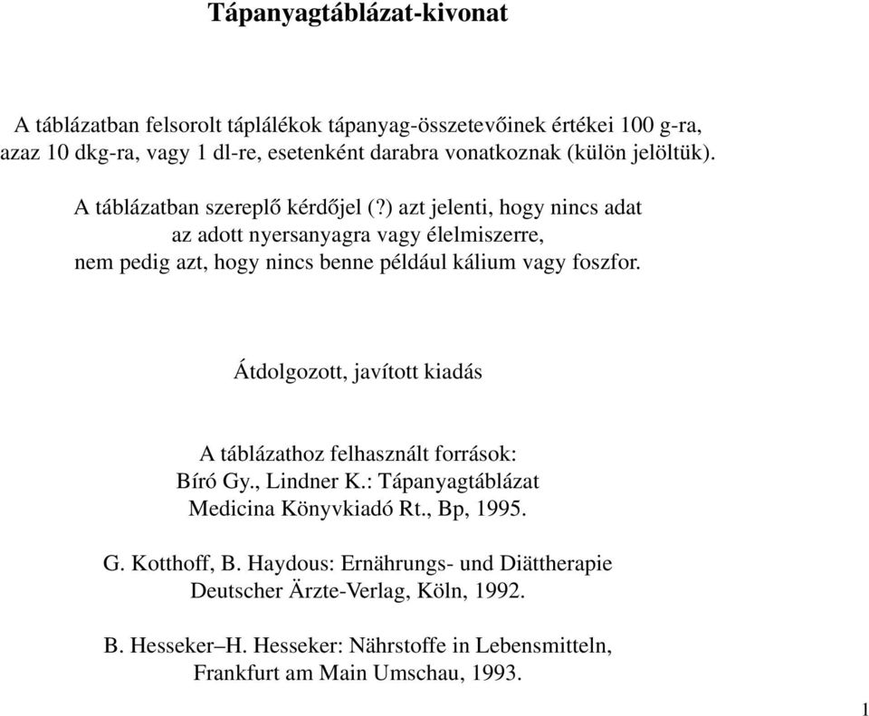 ) azt jelenti, hogy nincs adat az adott nyersanyagra vagy élelmiszerre, nem pedig azt, hogy nincs benne például kálium vagy foszfor.