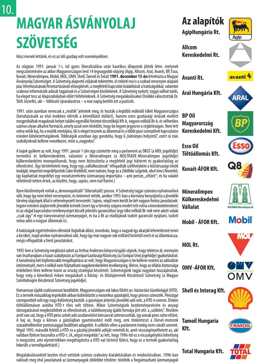 Mineralimpex, Mobil, MOL, OMV, Shell,Tamoil éstotal) 1991. december 13-án létrehozta a Magyar Ásványolaj Szövetséget.