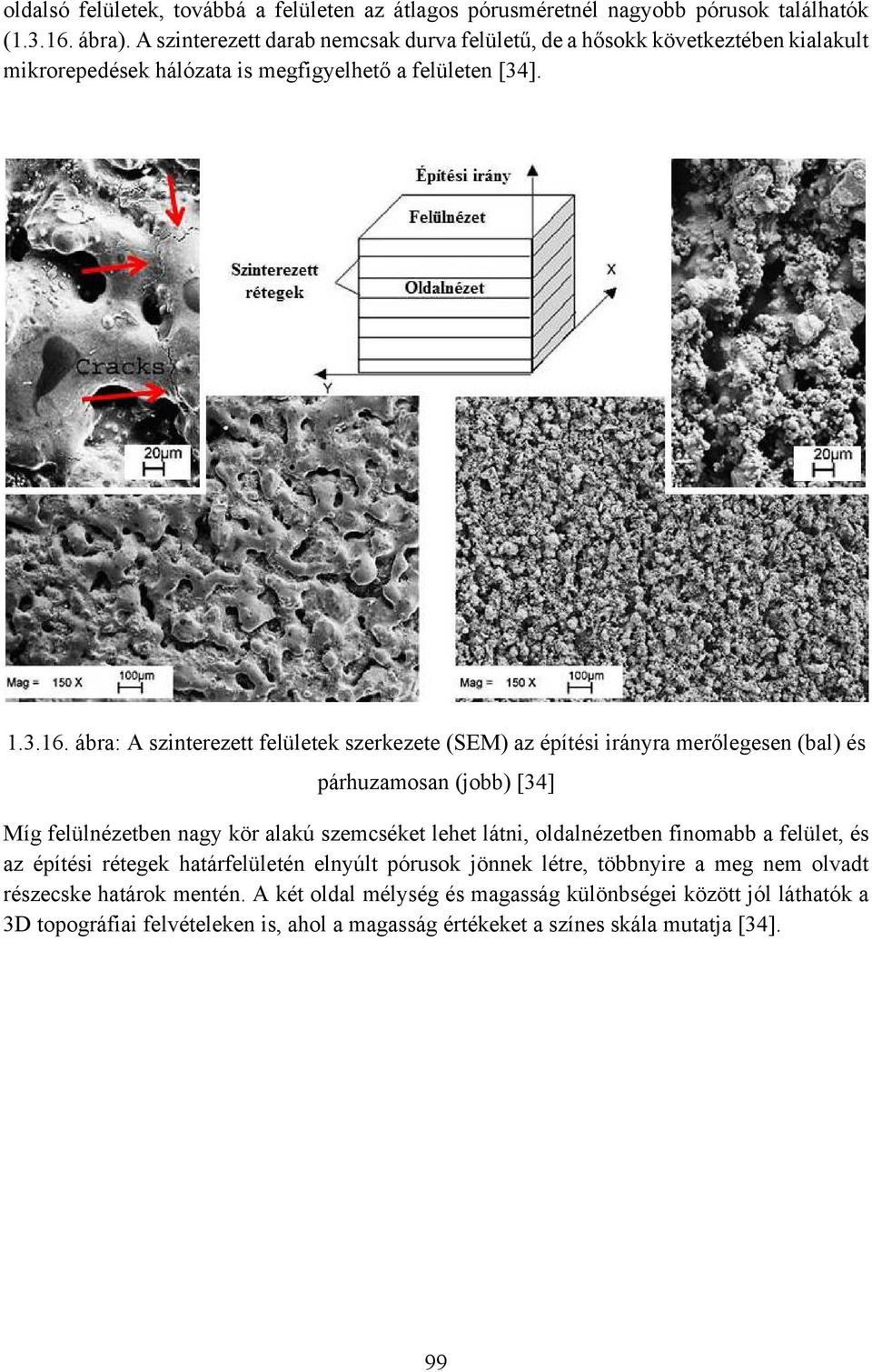 ábra: A szinterezett felületek szerkezete (SEM) az építési irányra merőlegesen (bal) és párhuzamosan (jobb) [34] Míg felülnézetben nagy kör alakú szemcséket lehet látni, oldalnézetben