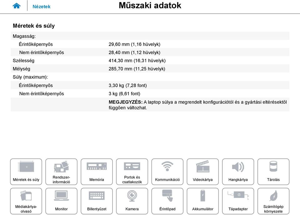 414,30 mm (16,31 hüvelyk) 285,70 mm (11,25 hüvelyk) 3,30 kg (7,28 font) 3 kg (6,61 font)