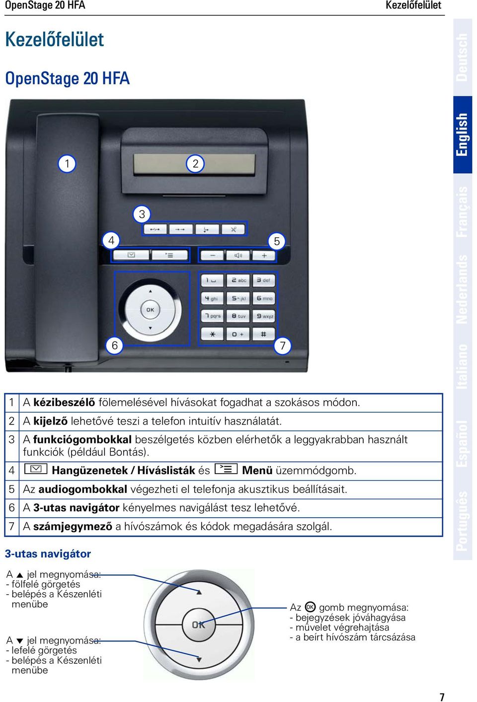 4 O Hangüzenetek / Híváslsták és N Menü üzemmódgomb. 5 Az audogombokkal végezhet el telefonja akusztkus beállításat. 6 A 3-utas navgátor kényelmes navgálást tesz lehetõvé.