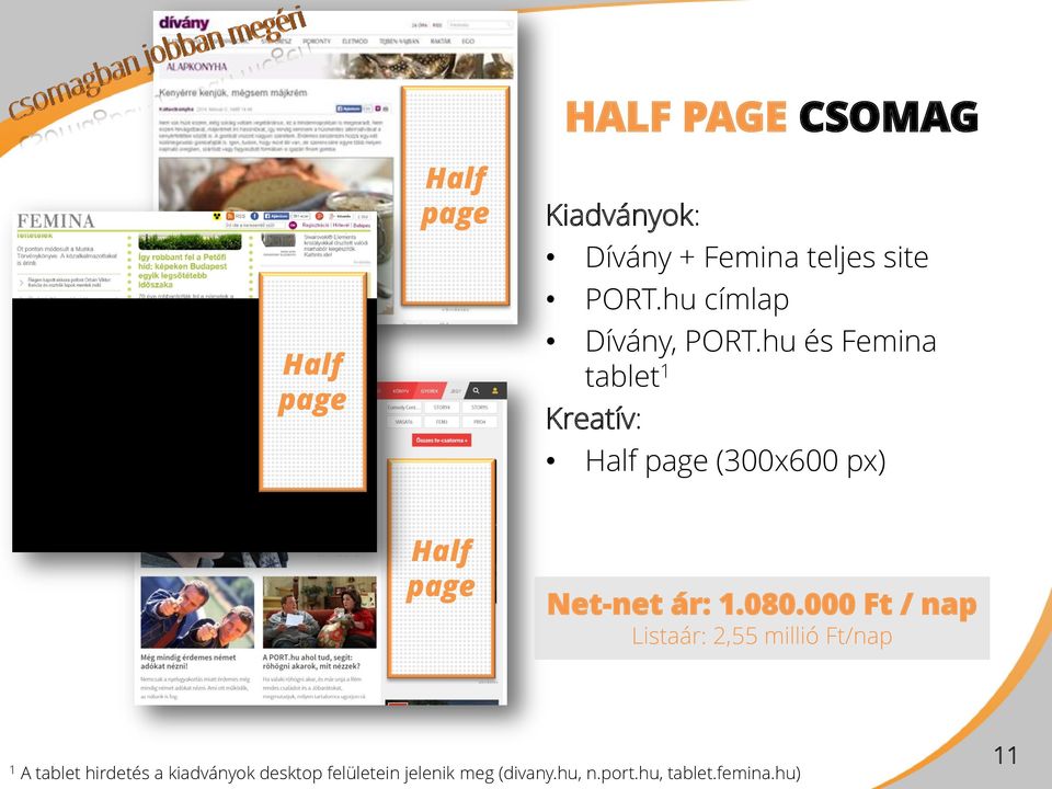 hu és Femina tablet 1 Kreatív: Half page (300x600 px) Half page Net-net ár: 1.080.