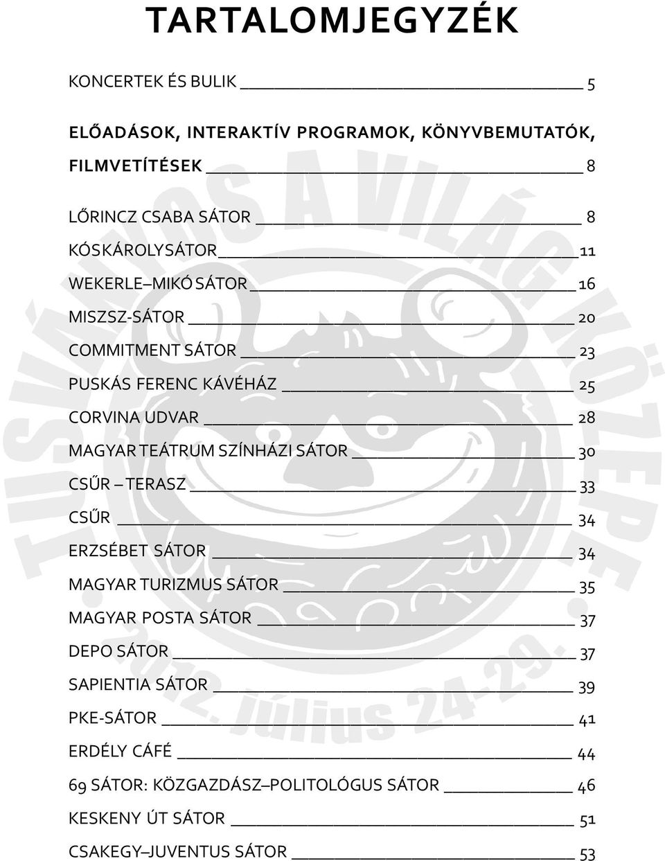 TEÁTRUM SZÍNHÁZI SÁTOR 30 CSŰR TERASZ 33 CSŰR 34 ERZSÉBET SÁTOR 34 MAGYAR TURIZMUS SÁTOR 35 MAGYAR POSTA SÁTOR 37 DEPO SÁTOR 37