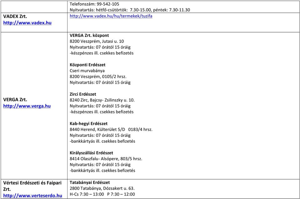 Nyitvatartás: 07 órától 15 óráig VERGA Zrt. http://www.verga.hu Zirci Erdészet 8240 Zirc, Bajcsy- Zsilinszky u. 10. Nyitvatartás: 07 órától 15 óráig - készpénzes ill.