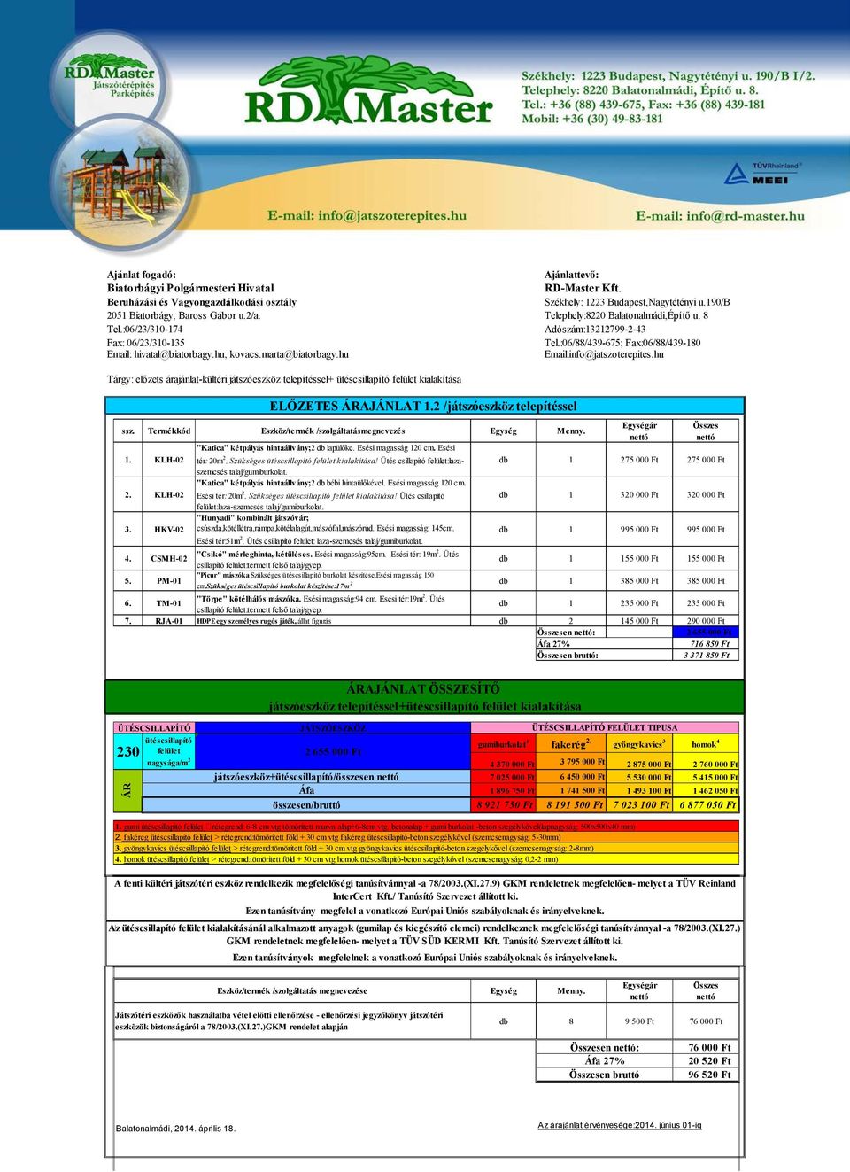 hu Email:info@jatszoterepites.hu Tárgy: előzets árajánlat-kültéri játszóeszköz telepítéssel+ ütéscsillapító felület kialakítása ssz. Termékkód Eszköz/termék /szolgáltatásmegnevezés 1. KLH-02 2.