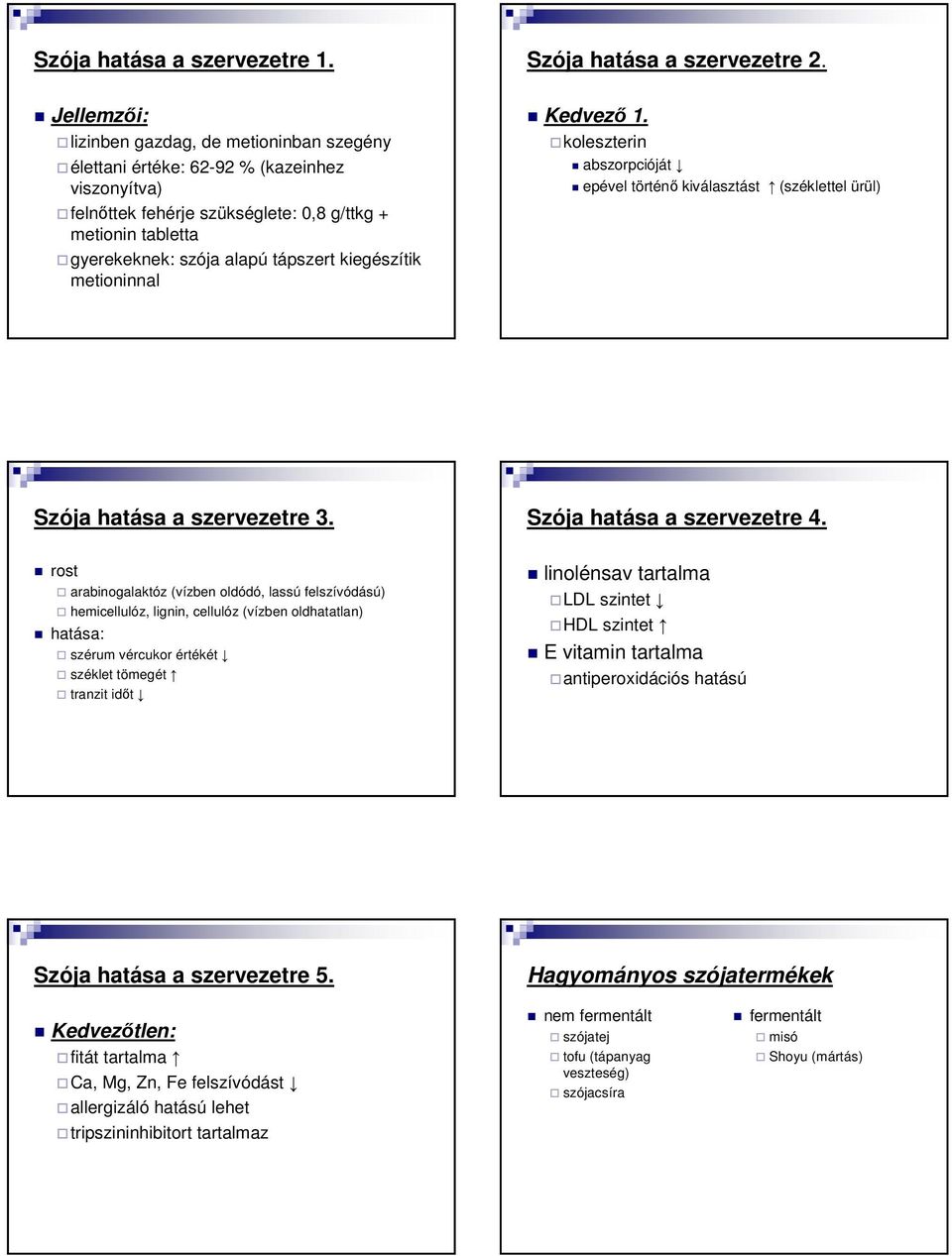 kiegészítik metioninnal Kedvező 1. koleszterin abszorpcióját epével történő kiválasztást (széklettel ürül) Szója hatása a szervezetre 3. Szója hatása a szervezetre 4.