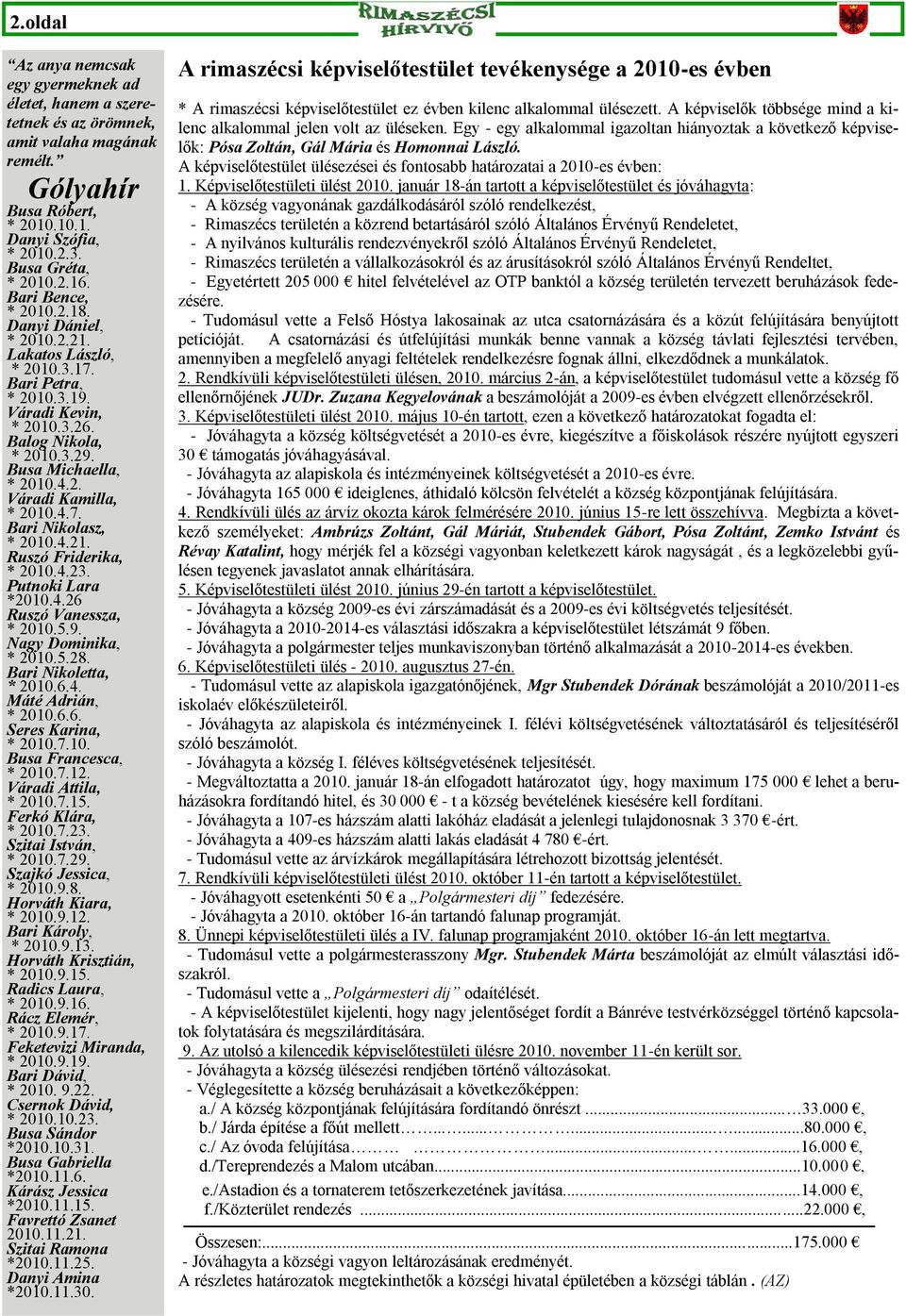 4.7. Bari Nikolasz, * 2010.4.21. Ruszó Friderika, * 2010.4.23. Putnoki Lara *2010.4.26 Ruszó Vanessza, * 2010.5.9. Nagy Dominika, * 2010.5.28. Bari Nikoletta, * 2010.6.4. Máté Adrián, * 2010.6.6. Seres Karina, * 2010.