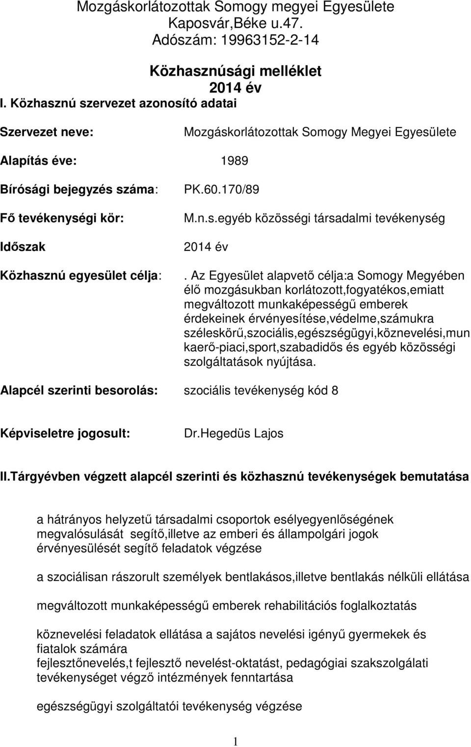 PK.60.170/89 M.n.s.egyéb közösségi társadalmi tevékenység 2014 év.