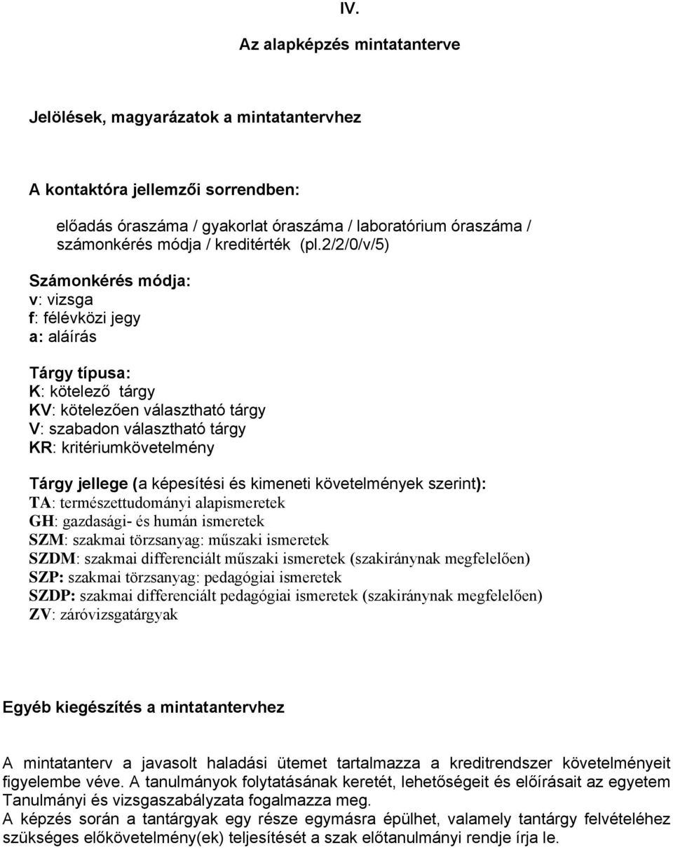 2/2/0/v/5) Számonkérés módja: v: vizsga f: félévközi jegy a: aláírás Tárgy típusa: K: kötelező tárgy KV: kötelezően választható tárgy V: szabadon választható tárgy KR: kritériumkövetelmény Tárgy