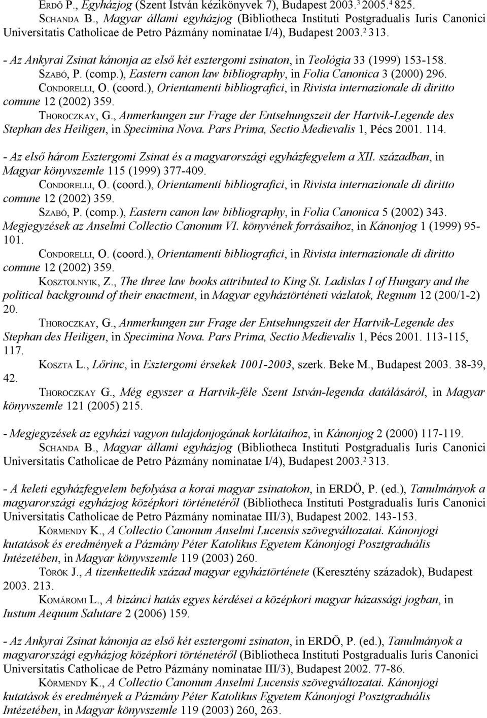 - Az Ankyrai Zsinat kánonja az első két esztergomi zsinaton, in Teológia 33 (1999) 153-158. SZABÓ, P. (comp.), Eastern canon law bibliography, in Folia Canonica 3 (2000) 296. CONDORELLI, O. (coord.