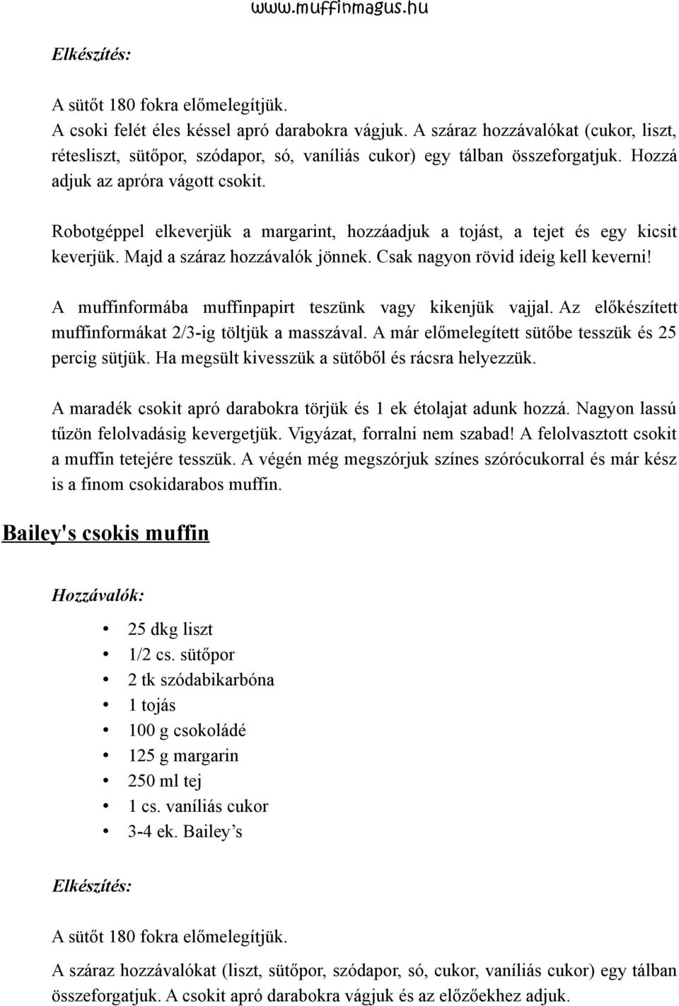 A muffinformába muffinpapirt teszünk vagy kikenjük vajjal. Az előkészített muffinformákat 2/3-ig töltjük a masszával. A már előmelegített sütőbe tesszük és 25 percig sütjük.