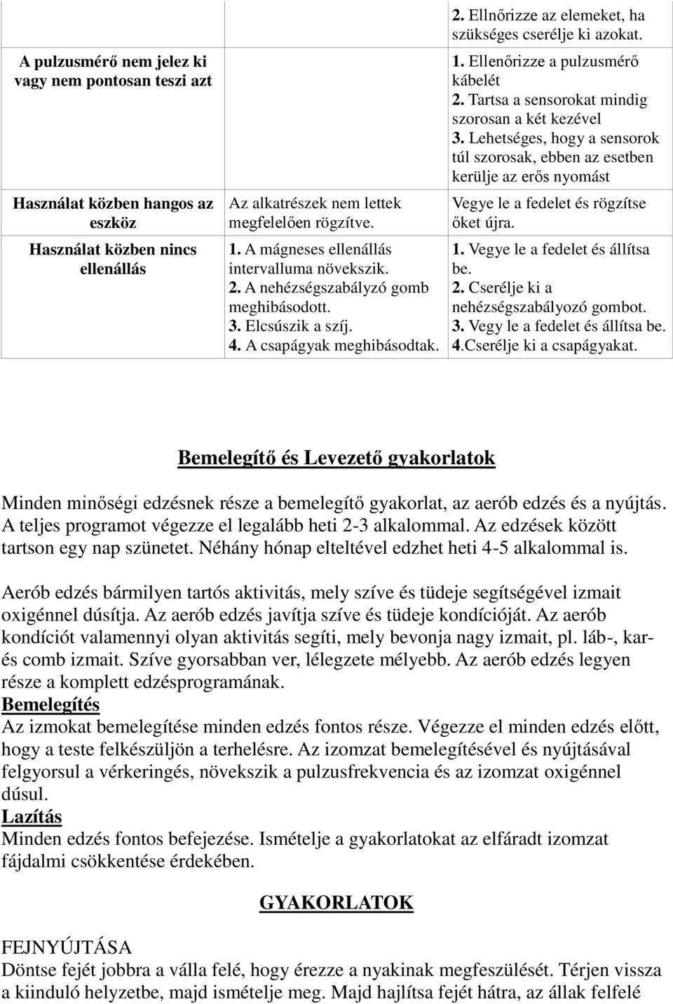 1. Ellenőrizze a pulzusmérő kábelét 2. Tartsa a sensorokat mindig szorosan a két kezével 3.