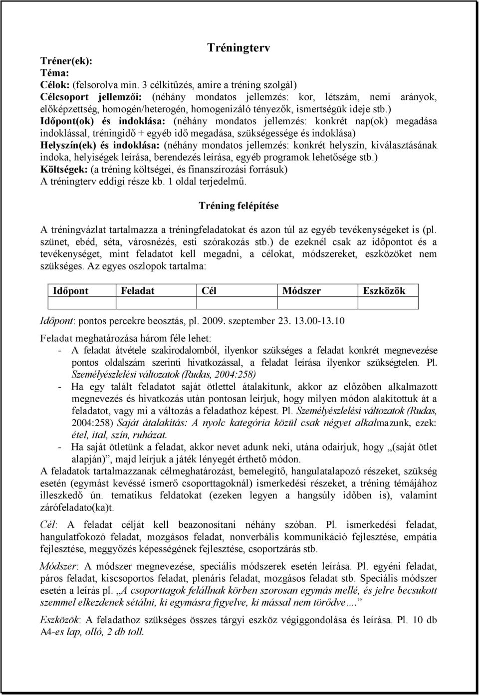 ) Időpont(ok) és indoklása: (néhány mondatos jellemzés: konkrét nap(ok) megadása indoklással, tréningidő + egyéb idő megadása, szükségessége és indoklása) Helyszín(ek) és indoklása: (néhány mondatos