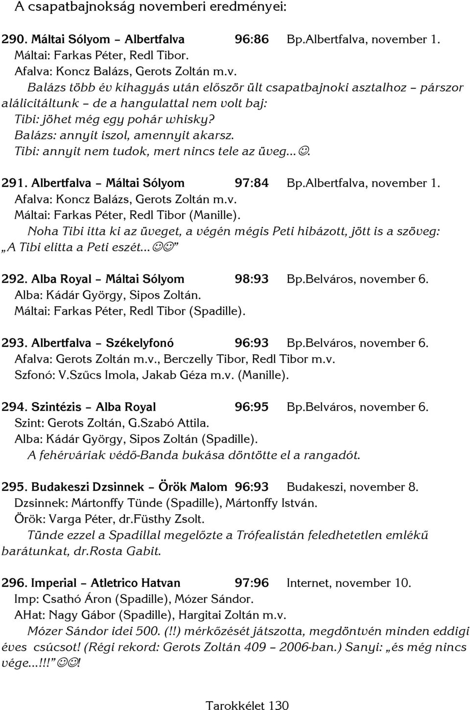 Noha Tibi itta ki az üveget, a végén mégis Peti hibázott, jött is a szöveg: A Tibi elitta a Peti eszét 292. Alba Royal Máltai Sólyom 98:93 Bp.Belváros, november 6. Alba: Kádár György, Sipos Zoltán.