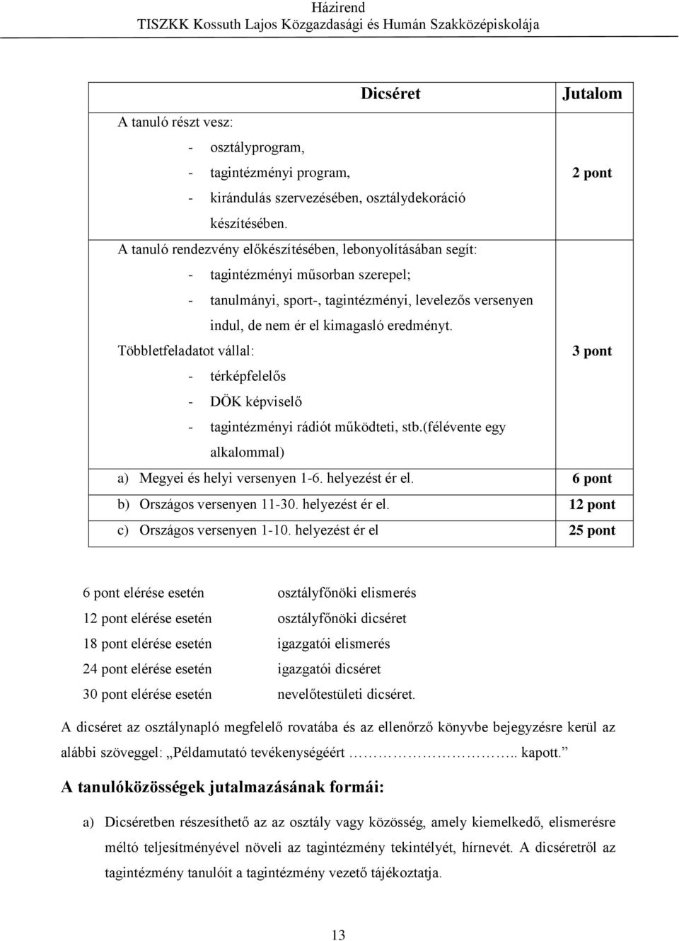 Többletfeladatot vállal: 3 pont - térképfelelős - DÖK képviselő - tagintézményi rádiót működteti, stb.(félévente egy alkalommal) a) Megyei és helyi versenyen 1-6. helyezést ér el.