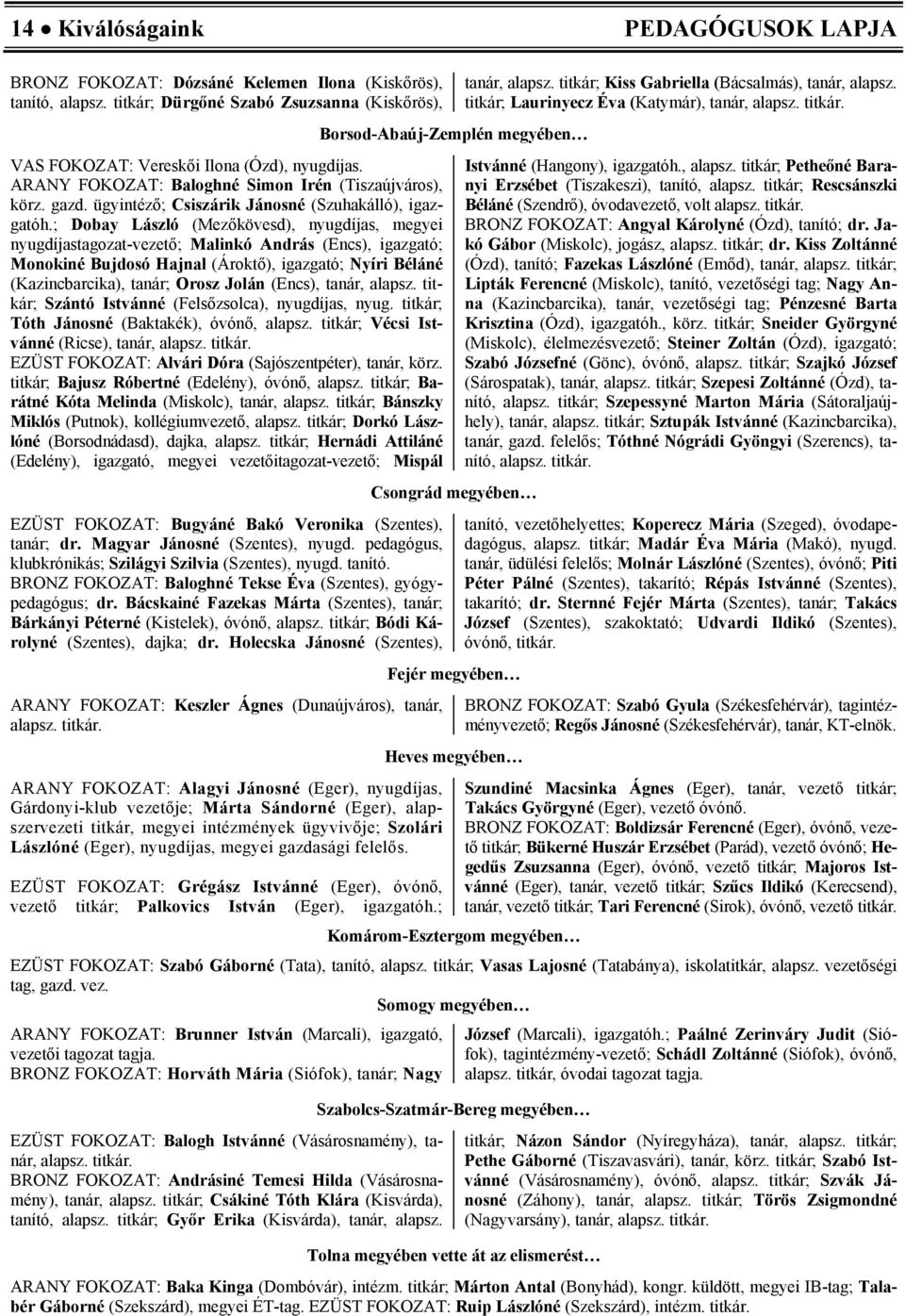 ; Dobay László (Mezőkövesd), nyugdíjas, megyei nyugdíjastagozat-vezető; Malinkó András (Encs), igazgató; Monokiné Bujdosó Hajnal (Ároktő), igazgató; Nyíri Béláné (Kazincbarcika), tanár; Orosz Jolán